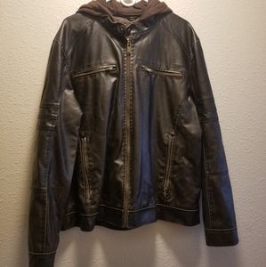 Guess Men's Faux-Leather Detachable-Hood Motorcycle Jacket